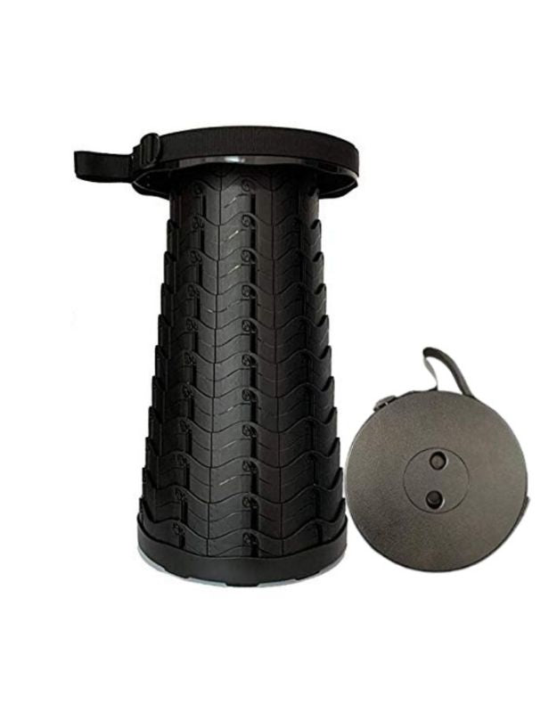 A black foldable telescopic stool with adjustable height mechanism, shown disassembled into three components.